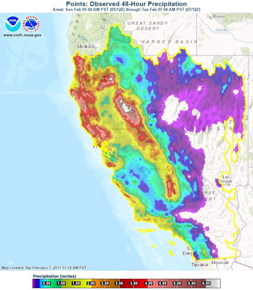 3 6.5 inches of precipitation has fallen over the high elevations of the northern Sierra Nevada and the Coastal Mountains over the last 48-hrs Lower elevations in the