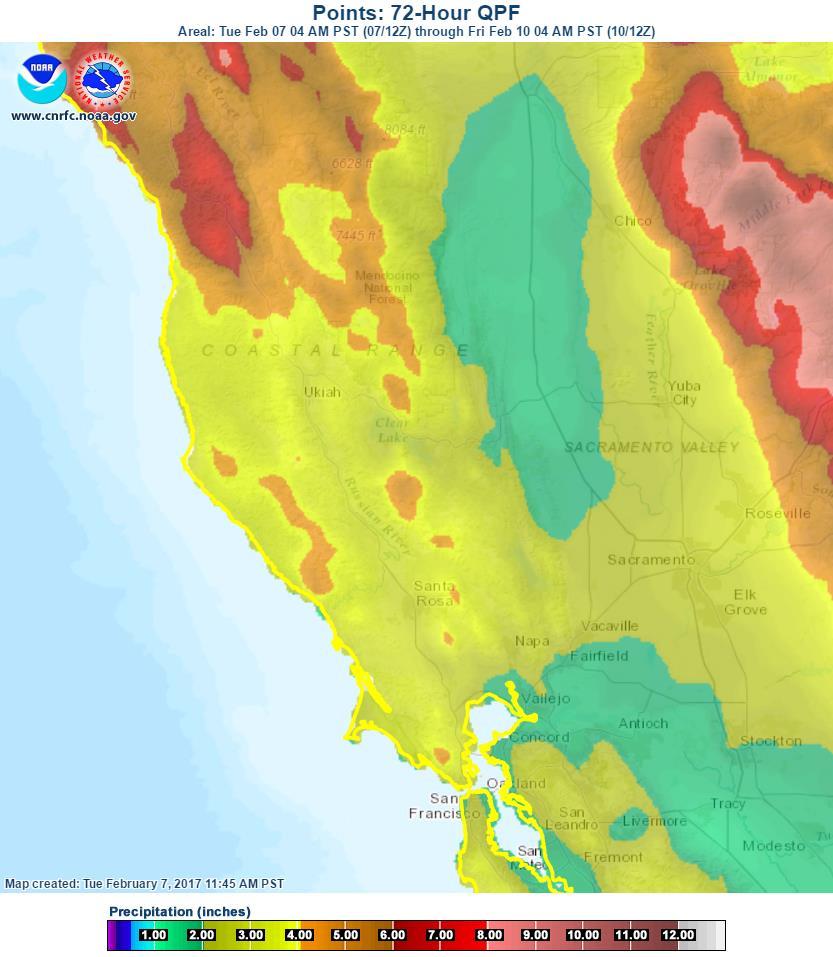 An additional 5 10 inches of precipitation is forecast to fall over the high elevations of the Sierras, Trinity Alps,