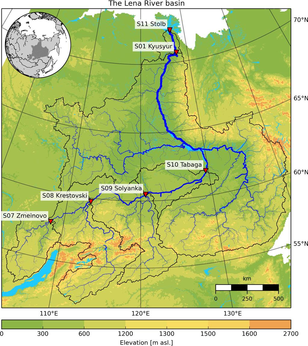 Figure 1: The topography, rivers and stations (with