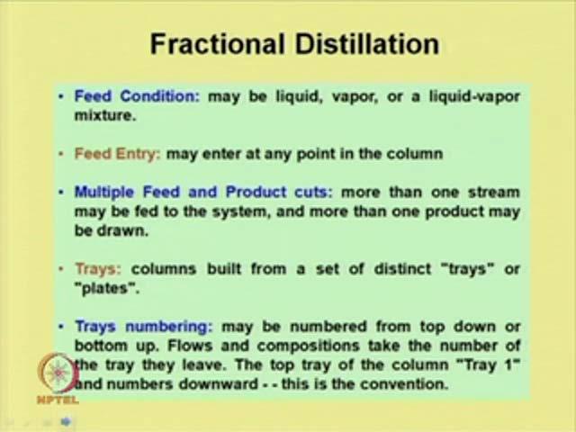 (Refer Slide Time: 03:56) So, the feed which we use has certain conditions; it may be liquid feed, it may be vapor feed, or it may be a mixture of vapor and liquid, and then feed which we fed into