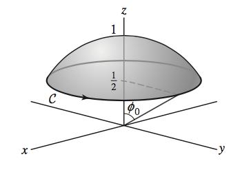 18) olution: We first compute the surface integral directly. The spherical cap is parametrized by Φ(θ, φ) = (cos θ sin φ, sin θ sin φ, cos φ), θ π, φ π.