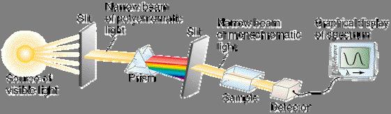 A spectrophotometer has a white light source that passes through a movable prism to diffract (bend) the light into colors.