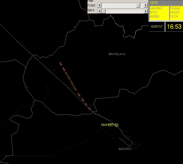 NAVSIM Output: Position recording Display (radar-like screen): Weather polygons FPL route (planned) CPR route (actually flown) POS route (NAVSIM simulated) AC-AC conflict