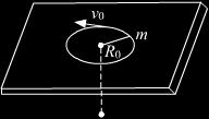11. A mass m moves in a circle on a smooth horizontal plane with velocity v 0 at a radius R 0. The mass is attached to a string which passes through a smooth hole in the plane as shown.