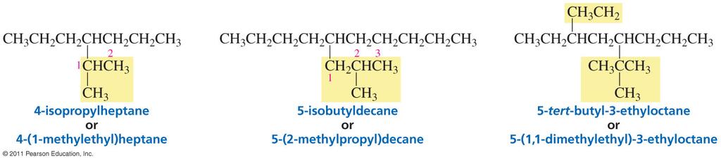Ch 2 #17 7. For branched substituent, may use common name; iso, sec-, tert- much simpler 5-(2-methylpropan-1-yl)decane systematic 1.