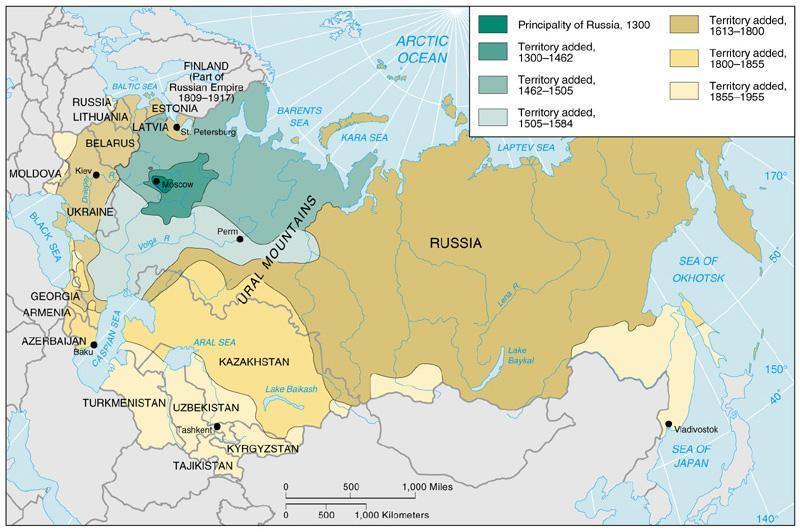FORMAL REGION The different colors stand for territory added to Russia during different periods