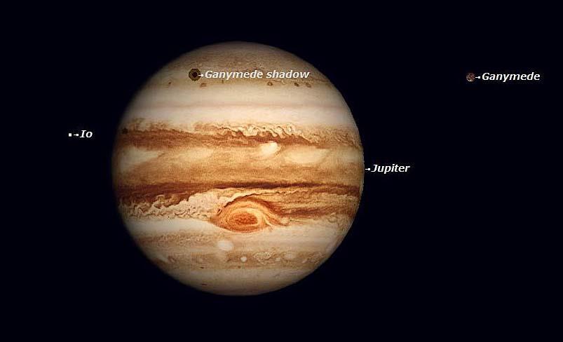 Later in May, Ganymede and Io will pass across the disc of the Jupiter. The transit of Ganymede starts at around 23:20 BST on May 27 th.