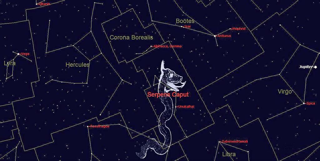 Arcturus in the top right. To the right of Hercules is the small constellation of Serpens Caput which I have highlighted. In the star chart below I have zoomed in on this part of the sky.