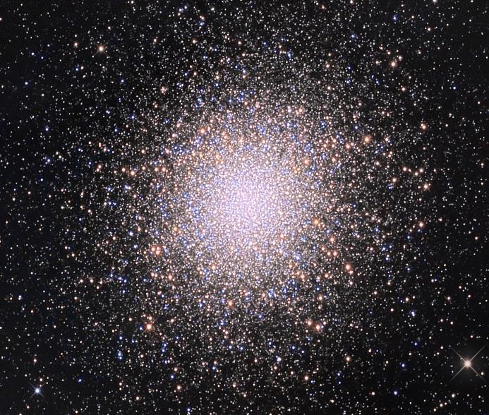 It is 23,500 light years away and 150 light years in diameter. The cluster is thought to be about 13 billion years old, in other words almost as old as the universe!