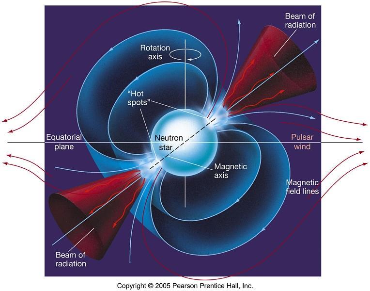 We have found neutron stars first were pulsars that sent rapid pulses of the light in our direction. The magnetic field axis in a neutron star will probably be off the spin axis case here on Earth.