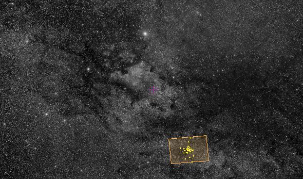 Figure 4: Field of view of the BMK (yellow rectangle), member stars highlighted in yellow, original image from astrometry.
