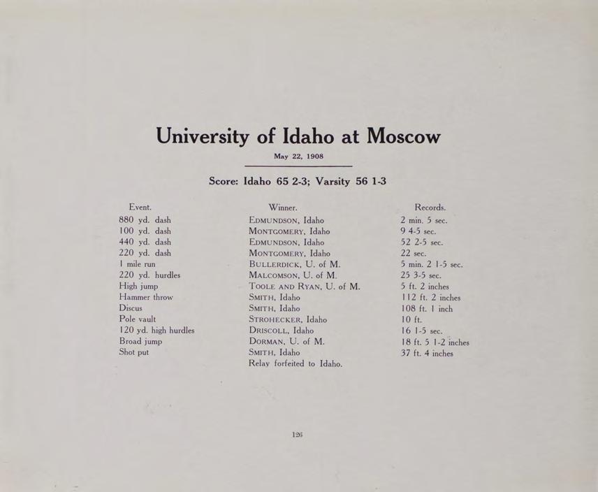 University of Idaho at Moscow M ay 22, 1908 Score: Idaho 65 2-3; V arsity 56 1-3 Event. W inner. Records. 8 8 0 yd. dash EDM UNDSON, Idaho 2 min. 5 sec. 10 0 yd.