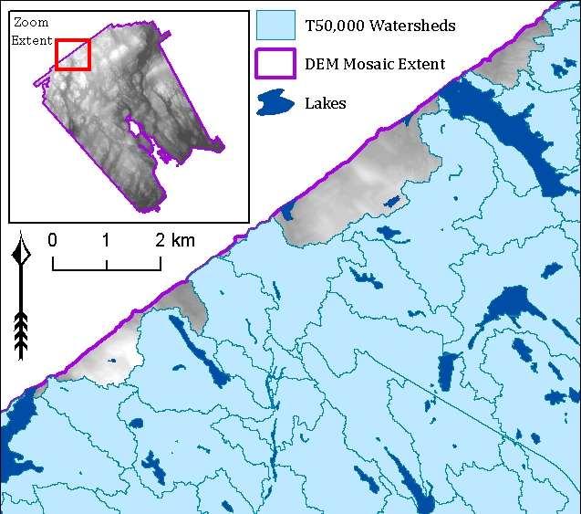 Figure 8. Portions of watersheds whose accumulation does not exceed the threshold at the edge of the DEM extent result in gaps around the edges of the study area. 2.3.1.