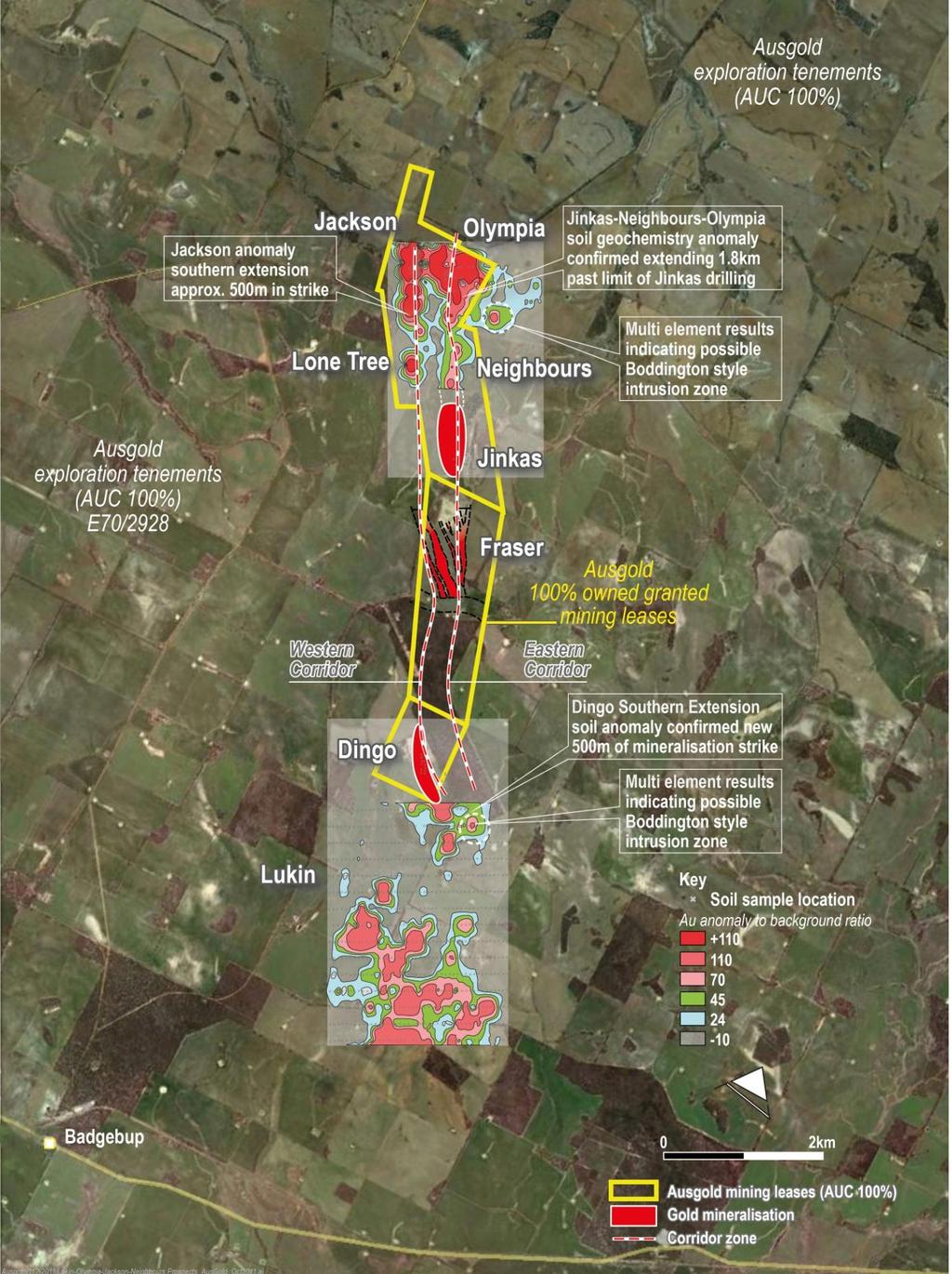 Figure 3: Current Katanning Project area with corresponding gold geochemistry,showing 10