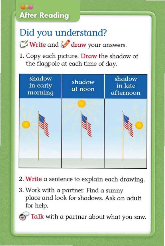 After Reading Did you understand? ~ Write a nd SJP draw your answers. 1. Copy each picture. Draw the shadow of the flagpole at each time of day. 2.