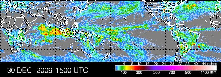 TRMM (Tropical Rainfall Measuring Mission) satellite images show where precipitation occurs between 30 o N and 30 o S,