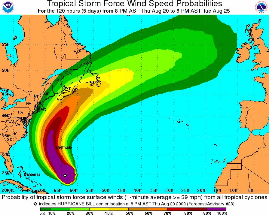 Wind Speed Probabilities Hurricane Bill (2009) 00 UTC 26