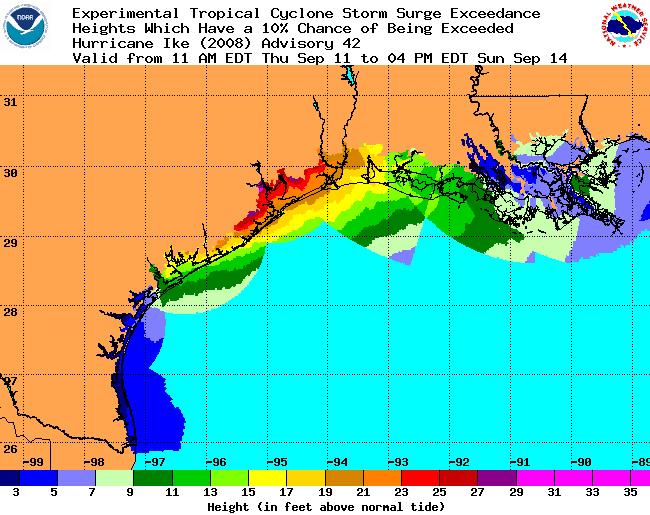 Probabilistic Storm Surge Run when hurricane watch or warning in effect for the U.S. Output: Probabilities of storm surge exceeding thresholds from 2-25 ft Exceedence height for various probability threshold (e.