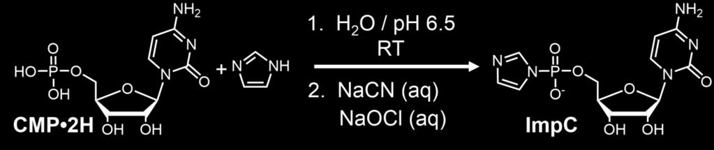 Synthesis of ImpC from Im, NaCN and NaOCl: A 5 ml aqueous solution containing 0.1 M CMP 2H (162 mg, 0.50 mmole) and 2 M imidazole (680 mg, 10 mmole) was prepared and adjusted to ph 6.