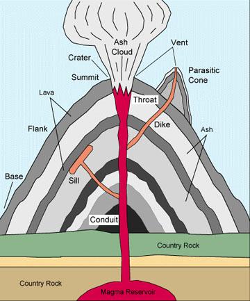 Anatomy of a Volcano (Composite or stratovolcano) DEFINITELY ON THE UNIT TEST A MAGMA CHAMER CONDUIT / PIPE / NECK C - CRATER