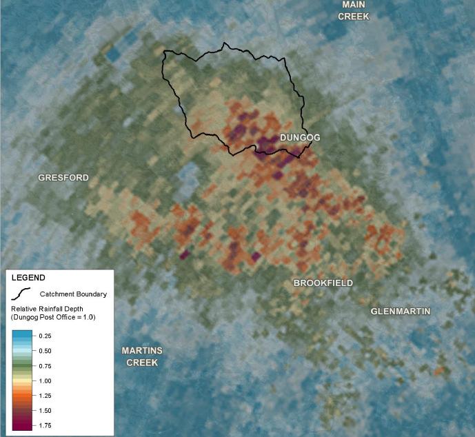 Spatial Variation in Rainfall (From Radar Data) Relative Rainfall 4:30 6:30am 21 April 2015 Upper Myall Gauge Less Rain Relative Intensity of April 2015 Comparison of Recorded Rainfall to Design IFD