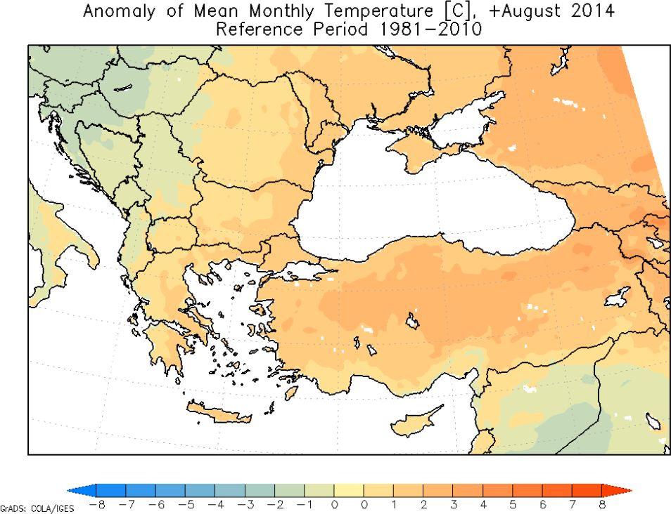 Air Temperature anomaly Water Balance anomaly AUGUST SEPTEMBER The highest deviations from LTA in scope of air temperatures in August were in Turkey and in the belt along the Black and Aegean Sea,