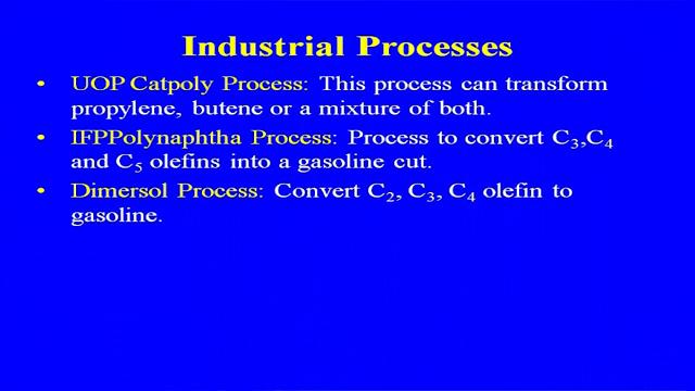 (Refer Slide Time: 36:43) Industrial process that is U O P catpoly process, this process can transform propylene butane or a mixture of both to high octane