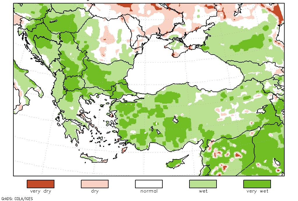 In many areas from Slovenia and Hungary at the northwest to the Bulgaria at the southeast and also in western part of Turkey water balance was classified among the wettest 5 % of the year in the