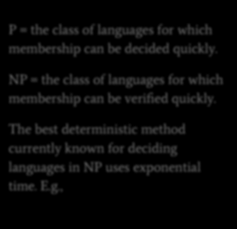 P = the class of languages for which membership can be decided quickly. P vs NP https://www.win.tue.nl/~gwoegi/p-versus-np.