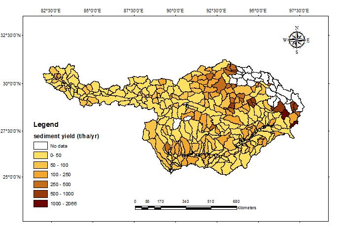 The SWAT model was simulated for the period 2000-2004 and based on the simulated results the predicted average annual sediment yield of the entire basin was found to be 78.9 tonnes/ha/yr.