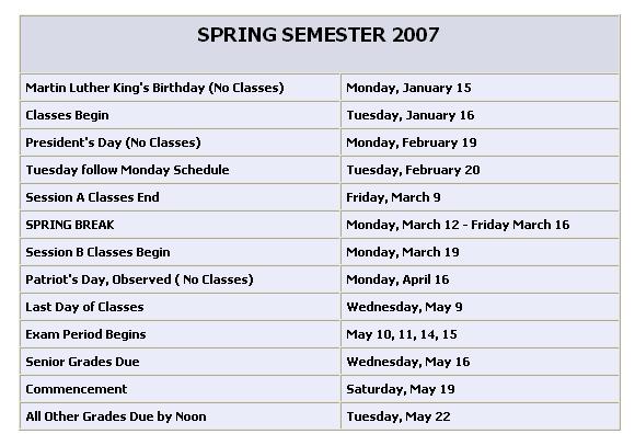 Notes on the Schedule Adjustments to the course schedule may be required to account for unforeseeable situations during the semester. Tuesday (02/20/2007) follows a Monday schedule at WSC.
