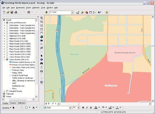 The map contains a group layer named StreetMap North America Data. This layer provides different levels of detail at different map scales.