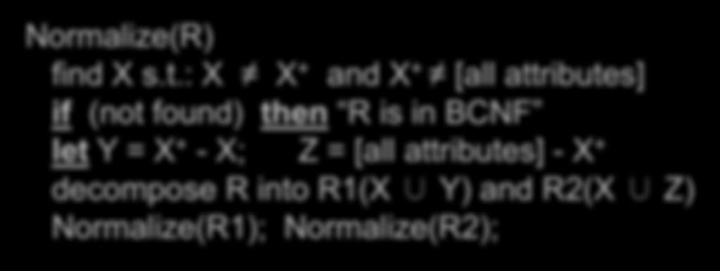 BCNF DECOMPOSITION ALGORITHM Normalize(R) find X s.t.