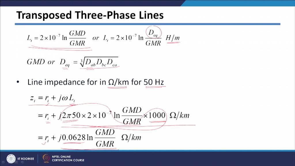 (Refer Slide Time: 09:25) Let us see how we can calculate inductance of the line and we are already seen the inductance formula for transpose line.