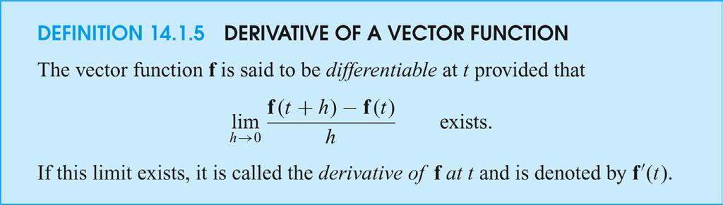 Limit, Continuity, Vector Derivative Continuity and Differentiability As you would expect, f is said to be continuous at t 0 provided that 0 ( ) = f( ) lim f t t t t Thus, by