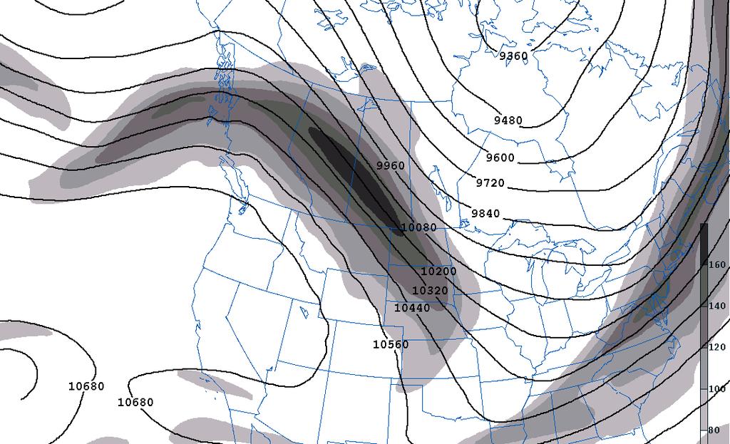 10.) Consider the 250-mb map shown below, depicting height (solid contours) an