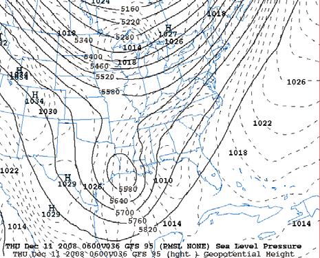 12.) The two maps below show GFS 500-mb height (solid) and sea-level pressure (dashed) forecasts for the North American region. a.) Sketch frontal boundaries on the panel two panels for the system in the southeast.