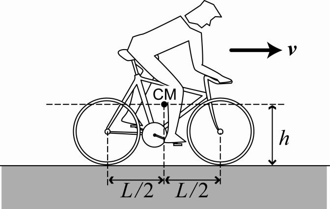 6. A bicyclist traveling at speed v makes an emergency stop by applying brakes on both wheels and going into a controlled skid.