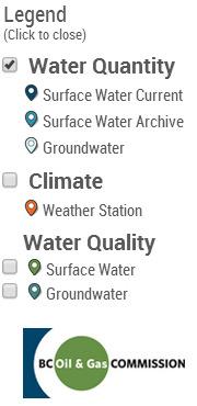 4. LEGEND DETAILS The legend is located in the top right portion of the screen. The water information locations are divided into Water Quantity, Climate and Water Quality categories.