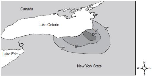 28. The map below shows the amount of snowfall, in inches, produced by a lake-effect snowstorm in central New York State.
