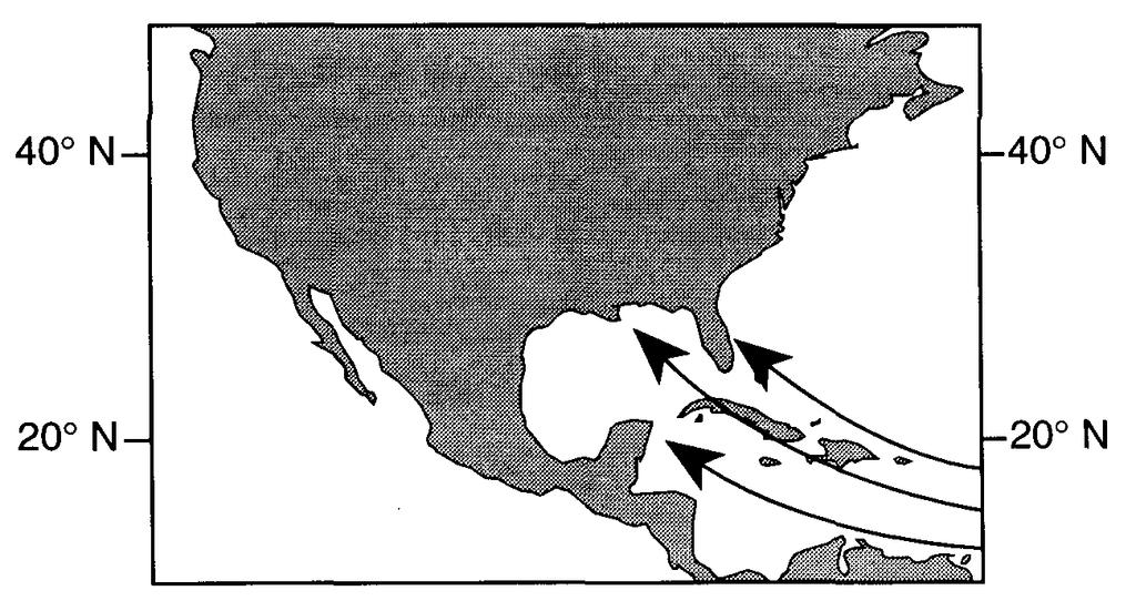 A) continental tropical B) maritime tropical C) continental polar D) maritime polar 4. The map below shows part of North America.