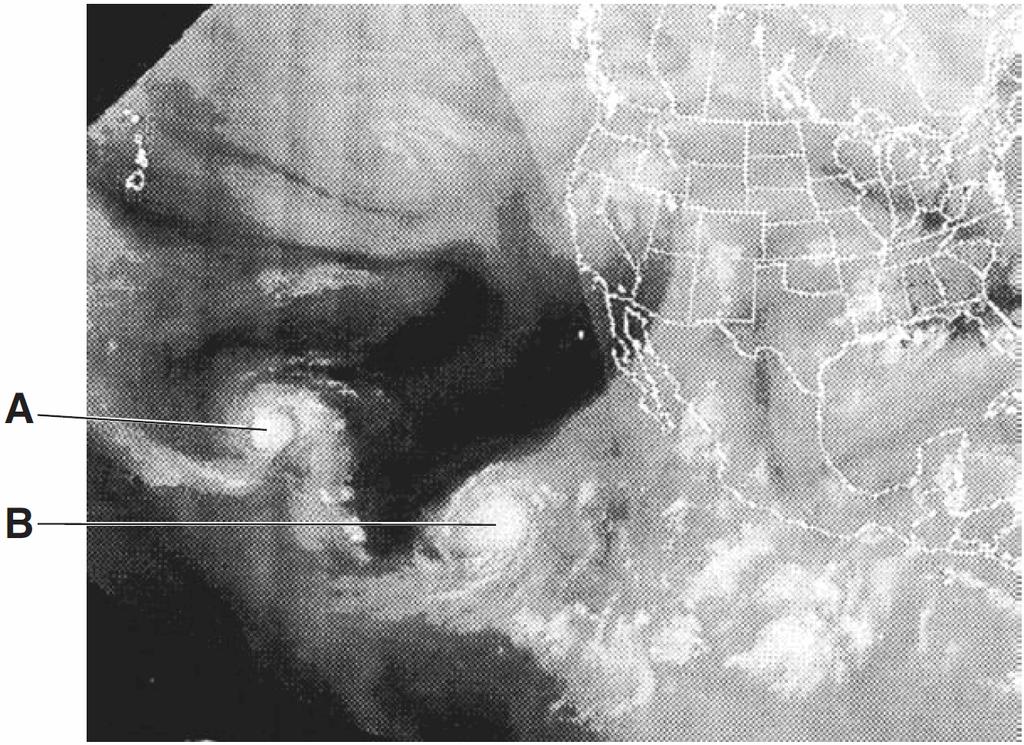 5. The weather satellite image below shows two large swirl-shaped cloud formations, labeled A and B, over the Pacific Ocean.