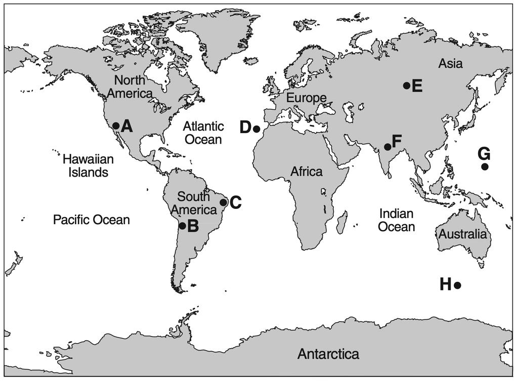 PART I QUESTIONS: MULTIPLE CHOICE Base your answers to questions 1 through 3 on the world map below and your knowledge of Earth Science. Points A through H represent locations on Earth s surface. 1. Which two lettered locations are least likely to experience volcanic activity or earthquakes.