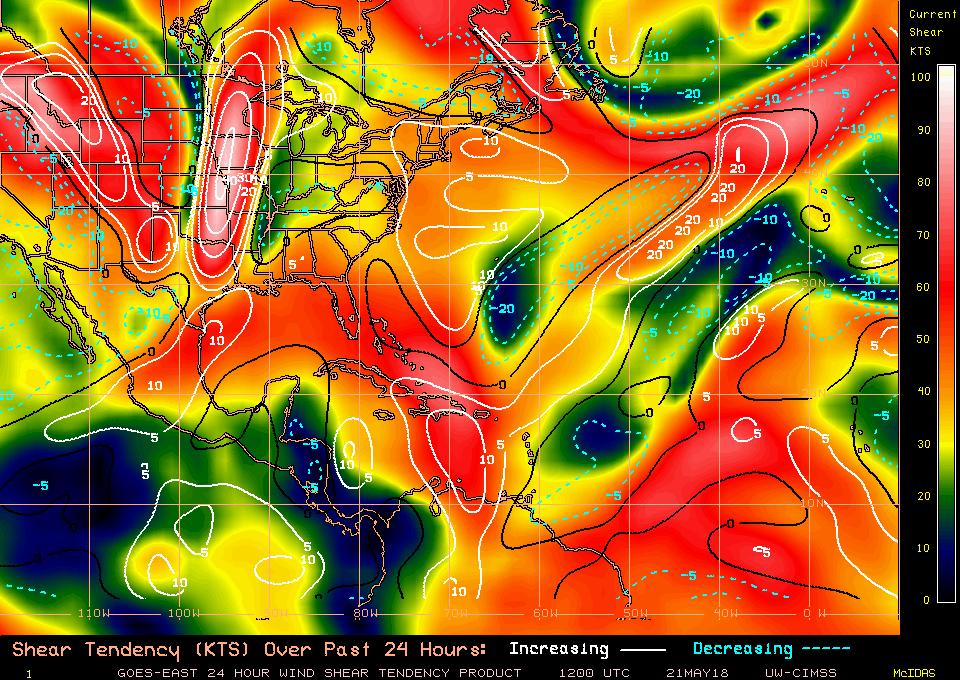 Current Wind Shear (shaded) and Shear Tendency (lines) Wind shear across nearly the entire Gulf of Mexico is high.