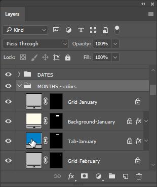 Go to the layers panel. Click on the little arrow to the left of the MONTHS colors group: this will expand the group contents.