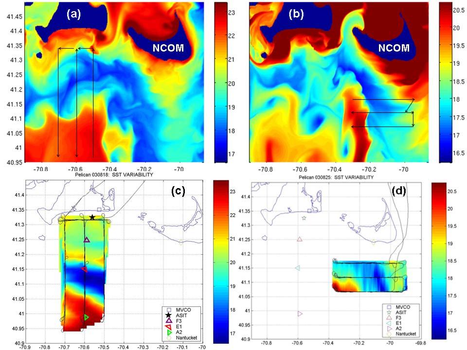 Figure 2. NCOM simulated SST variability on August (a) 18, and (b) 25 and observation as measured by the CIRPAS Pelican aircraft IR pyrometer in CBLAST-Low on (c) August 18, and (d) August 25, 2003.