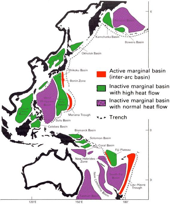 Heat flow and classification of back-arc basins Trapped West Philippine Basin Trapped Aleutian Basin Ac-ve and