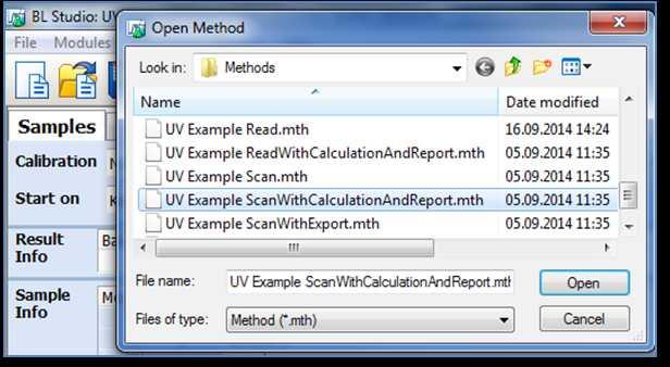 This is the procedure, using the "Development" module of BioLight Studio: First open an preset method. In this case the best is the method "UV Example ScanWithCalculationAndReport.
