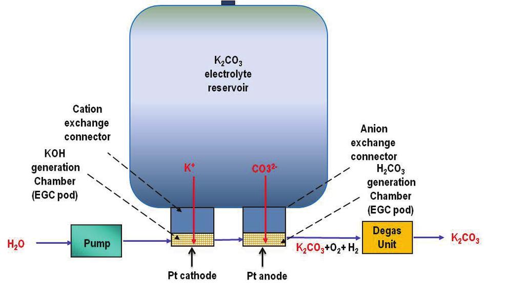 potassium ions in the electrolyte reservoir migrate across the cation-exchange connector and combine with the hydroxide ions produced at the cathode through the reduction of water to form a KOH