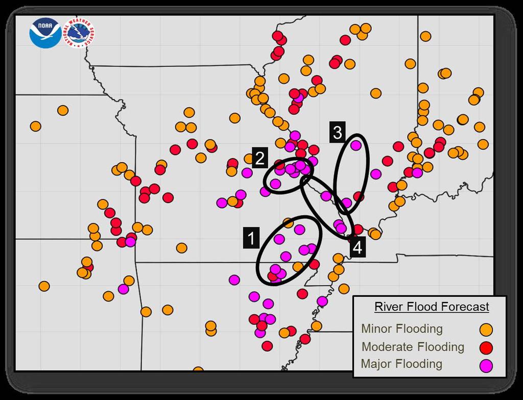 NWS River Flood Forecasts Record or Near Record Flooding 1. St. Francis, Current and Black Rivers in southeast MO and northeast AR (crests Forecast by mid to late this week) 2.